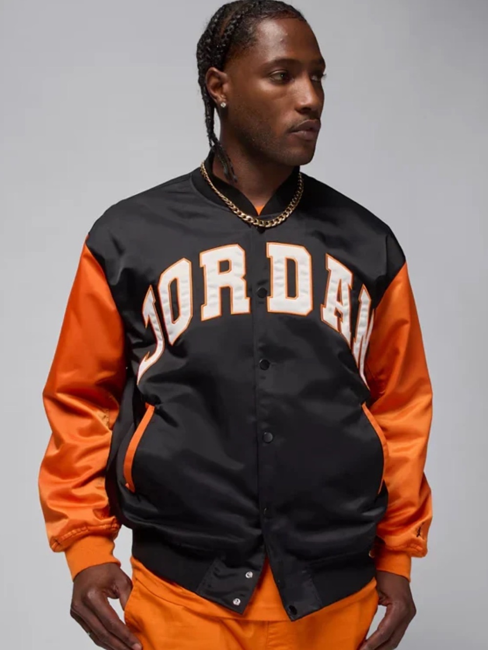 NWT Jordan Men’s Brooklyn Collegiate Varsity Jacket, Black and Orange, Size L